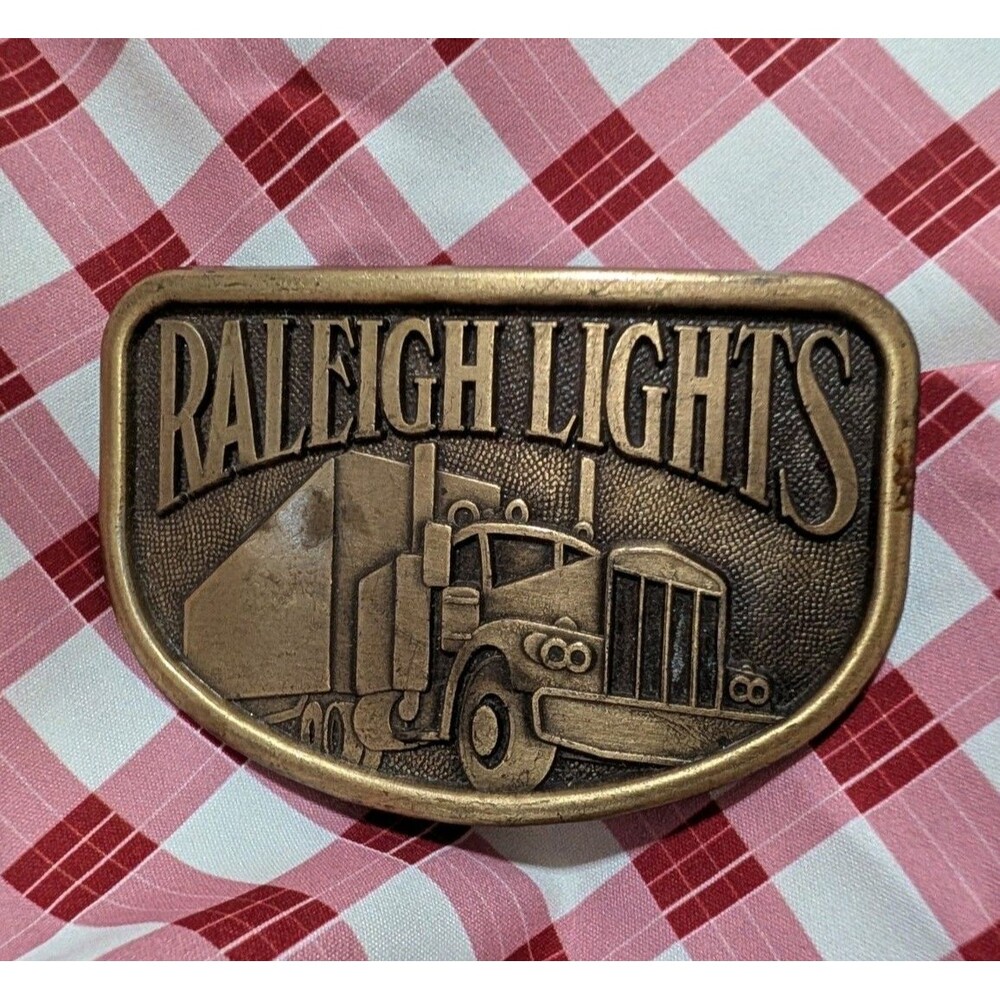 Vintage 1970's Raleigh Lights Belt Buckle Solid Brass Semi Truck Tractor Trailer